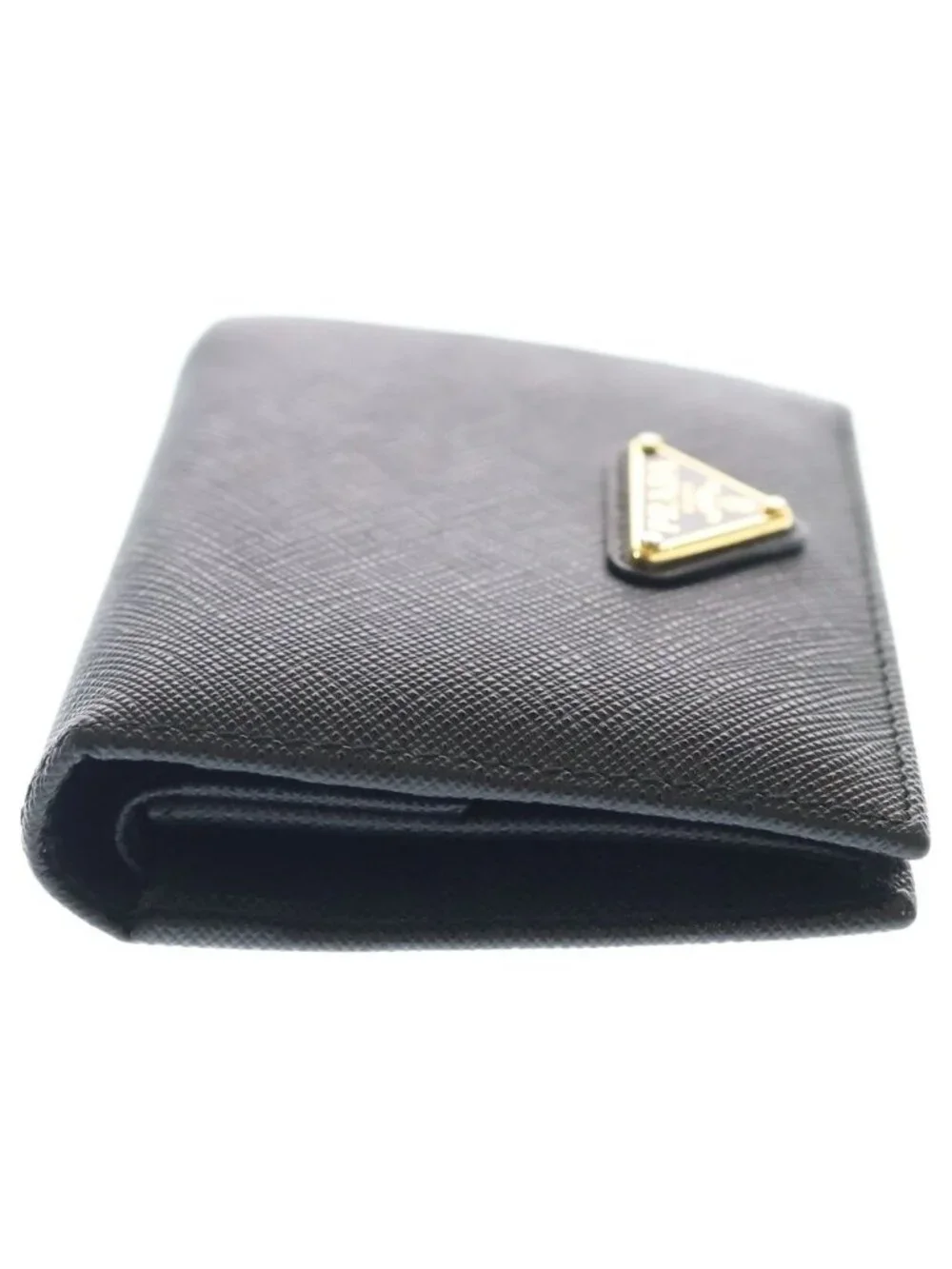 Prada Saffiano Triangle Logo Bifold Wallet Card Case Black Leather Gold